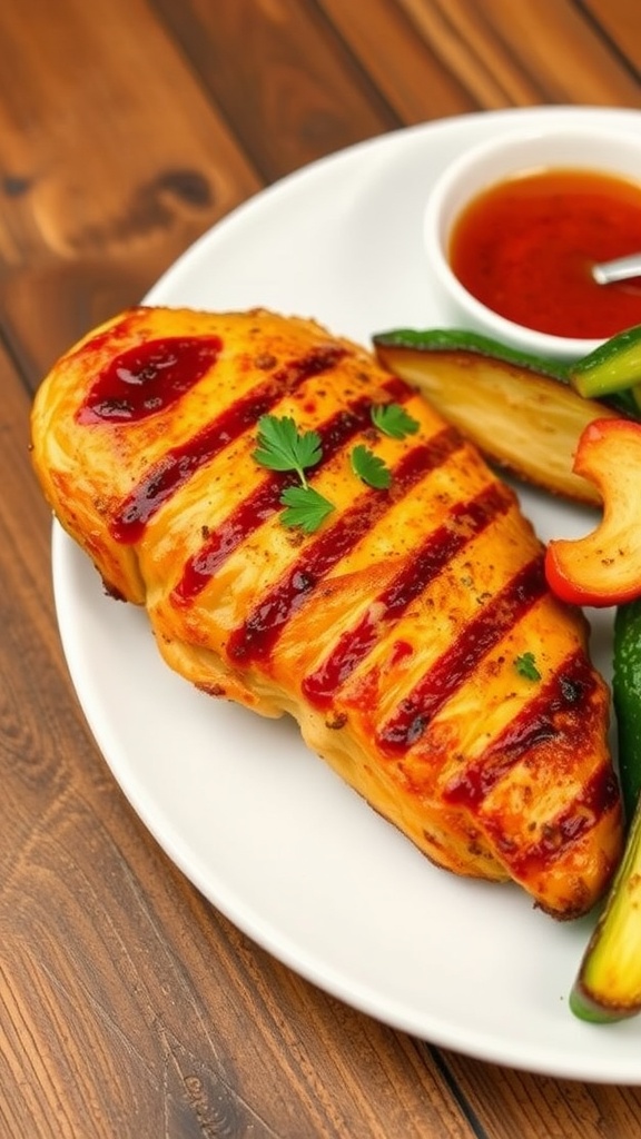 Juicy air fryer chicken breast on a plate, garnished with herbs and served with steamed vegetables.